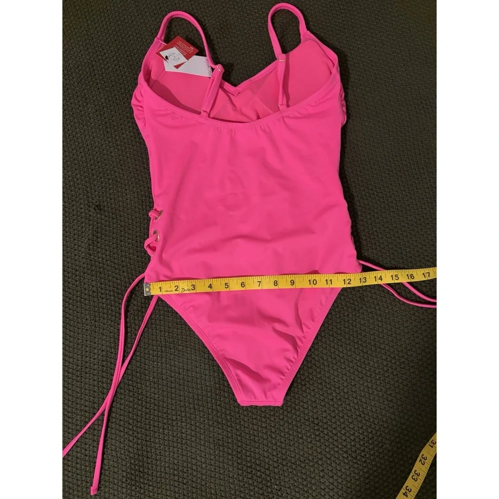 Sofia Vergara Swimsuit Women Pink Lace Up Side One Piece Neon Gold Grommet S 4-6